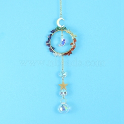 Glass & Brass Pendant Decorations, Suncatchers, Rainbow Makers, with Chips Gemstone, for Home Decoration, 400mm(HJEW-PW0002-08G)