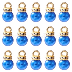 ABS Plastic Charms, with Golden Tone Iron Findings and Rhinestone, Dyed, Round Charm, Blue, 13.5x8mm, Hole: 2.5mm, about 15pcs/bag(KY-YW0001-24A)