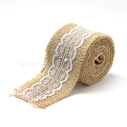 Burlap Ribbon, Hessian Ribbon, Jute Ribbon, with Cotton Ribbons, for Jewelry Making, Tan, 2 inches(50mm), about 2.187yards/roll(2m/roll), 12rolls/bag(OCOR-R071-13)