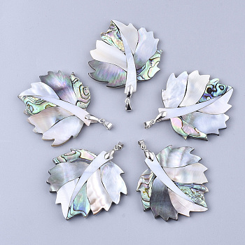 Shell Big Pendants, with Brass Findings, Leaf, Platinum, Colorful, 50~52x51~52x4~5mm, Hole: 6x4mm