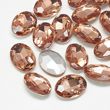 Pointed Back Glass Rhinestone Cabochons, Back Plated, Faceted, Oval, Vintage Rose, 14x10x4.5mm
