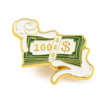 Hands & Dollar Enamel Pins, Golden Alloy Badge for Backpack Clothes, Green, 24.5x33x1mm