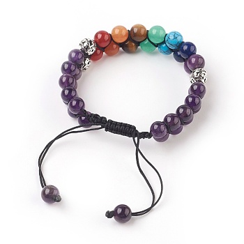Chakra Natural Amethyst Braided Bead Bracelets, with Natural & Synthetic Mixed Stone and Alloy Findings, Antique Silver, 2-3/8 inch(6cm)