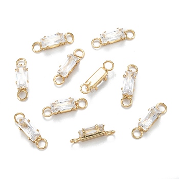 Brass Clear Cubic Zirconia Links Connectors, Long-Lasting Plated, Rectangle, Real 18K Gold Plated, 15x4x3mm, Hole: 2.5mm