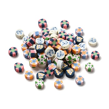 Mother's Day Handmade Polymer Clay Beads, Flat Round, Heart Pattern, 9~9.5x4~5mm, Hole: 1.6mm
