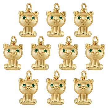 10Pcs Rack Plating Brass Micro Pave Cubic Zirconia Pendants, with Jump Ring, Cadmium Free & Lead Free, Cat, Real 18K Gold Plated, 17x11x6.5mm, Jump Ring: 5x1mm, Inner Diameter: 3mm
