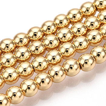 Electroplate Non-magnetic Synthetic Hematite Bead Strands, Round, Light Gold Plated, 4mm, Hole: 1mm, about 92~95pcs/strand, 15.7 inch