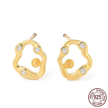 925 Sterling Silver Stud Earring Findings, with Micro Pave Clear Cubic Zirconia, Hollow Twist Oval, for Half Drilled Beads, with S925 Stamp, Real 18K Gold Plated, 9.5x8.5mm, Pin: 11x0.7mm and 0.7mm