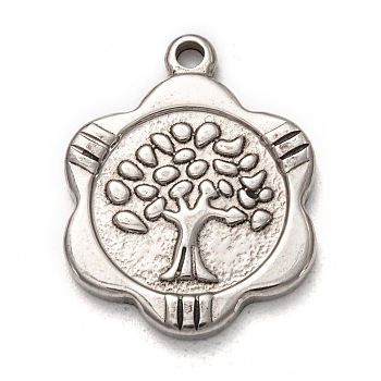 304 Stainless Steel Pendants, Flower with Tree of Life, Stainless Steel Color, 23x18.5x2.5mm, Hole: 1.5mm