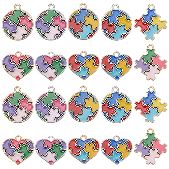 Nbeads 40Pcs 10 Style Alloy Enamel Pendants, Heart &Flat Round with Autism Puzzle Pattern Charm, Mixed Color, 19~25x20~22.5x1~1.5mm, Hole: 2mm, 4pcs/style