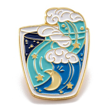 Alloy Enamel Brooches, Enamel Pin, with Butterfly Clutches, Cup with Sea Wave, Colorful, Golden, 27.5x21mm