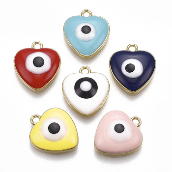 Alloy Pendants, with Enamel, Heart with Evil Eye, Light Gold, Mixed Color, 18x15.5x5mm, Hole: 2mm