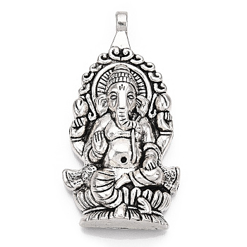 Tibetan Style Alloy Big Pendants, Hindu Elephant God Lord Ganesh Statue, Cadmium Free & Nickel Free & Lead Free, Antique Silver, 61x32x7mm, Hole: 3.5mm