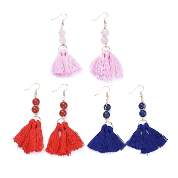 Dangle Earrings Sets, with Cotton Thread Tassels, Natural Gemstone Beads and Brass Earring Hooks, Mixed Color, Golden, 84mm, Pin: 0.6mm, 3pairs/set
