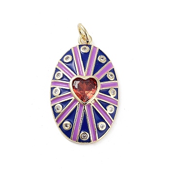 Rack Plating Brass Micro Pave Clear Cubic Zirconia Pendants, with Enamel, Long-Lasting Plated, Lead Free & Cadmium Free, Oval with Heart Charms, Royal Blue, 26x16x4mm, Hole: 3.5mm