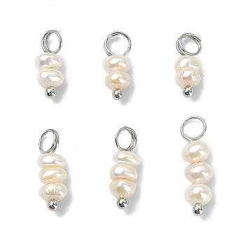 6Pcs 2 Styles Natural Cultured Freshwater Pearl Pendants, Potato Charms, with Platinum Plated Brass Finddings, White, 11~16.5x4~4.5x4~4.5mm, Hole: 3.5mm, 3pcs/style
