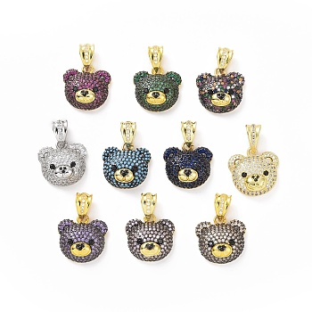 Brass Micro Pave Cubic Zirconia Pendants, Bear Head Charm, Real 18K Gold Plated, Mixed Color, 19x19x8mm, Hole: 5x8mm