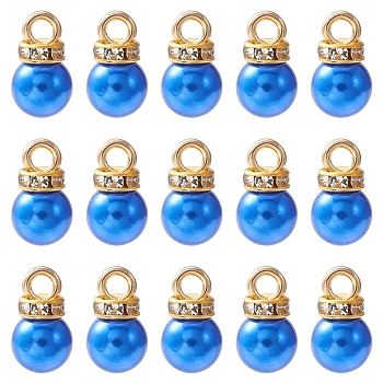 ABS Plastic Charms, with Golden Tone Iron Findings and Rhinestone, Dyed, Round Charm, Blue, 13.5x8mm, Hole: 2.5mm, about 15pcs/bag