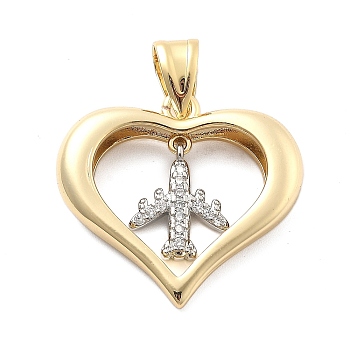 Rack Plating Brass with Cubic Zirconia Pendants, Long-Lasting Plated, Lead Free & Cadmium Free, Heart Charms, Airplane, 28x30x6mm, Hole: 9x5.5mm