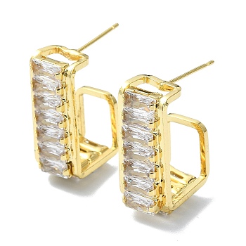 Rectangle Brass Micro Pave Cubic Zirconia Stud Earrings, Half Hoop Earrings, Long-Lasting Plated, Golden, 23x10mm