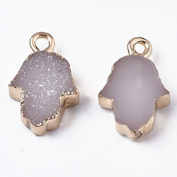 Druzy Resin Pendants, with Edge Light Gold Plated Iron Loops, Palm, WhiteSmoke, 16~17x11x4.5mm, Hole: 1.5mm