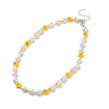 Natural Pearl Beaded Necklace, Handmade Flower Millefiori Glass Beads Necklace for Women, Silver, Yellow, 15.94 inch(40.5cm)