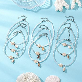 9Pcs 9 Styles Summer Beach Natural Shell Charms Glass Beaded Anklets, Platinum & Stainless Steel Color, White, 9.21 inch(23.4cm), 1pc/style