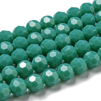 Opaque Glass Beads Stands, Faceted(32 Facets), Round, Green, 8mm, Hole: 1mm, about 72pcs/strand, 20.67''(52.5cm)