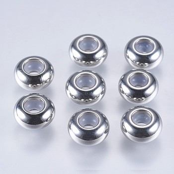 201 Stainless Steel Beads, with Plastic, Slider Beads, Stopper Beads, Rondelle, Stainless Steel Color, 8x4mm, Hole: 2mm