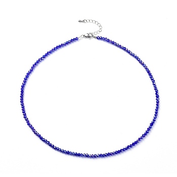 Faceted Glass Beaded Necklaces, with 304 Stainless Steel Lobster Claw Clasps and Brass Extender Chain, Rondelle, Dark Blue, 15.87 inch(40.3cm)