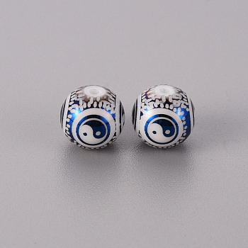 Electroplate Glass Beads, Round with Yin Yang Pattern, Blue Plated, 10mm, Hole: 1.2mm