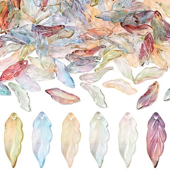 180Pcs 6 Colors Baking Paint Transparent Glass Pendants, Leaf, Two Tone, Mixed Color, 26~26.5x9~9.5x6.5~7.5mm, Hole: 1.2~1.5mm, about 30pcs/color