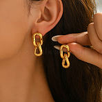 Textured Oval 304 Stainless Steel Dangle Stud Earrings, Chain Charm, Golden, 31x15mm(IR4218)