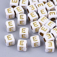 Plating Acrylic Beads, Horizontal Hole, Golden Metal Enlaced, Alphabet Style, Cube, Letter.E, 5.5~6x5.5~6x5.5~6mm, Hole: 3.5mm, about 3000pcs/500g(SACR-S297-09E)
