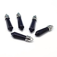 Bullet Platinum Plated Alloy Synthetic Blue Goldstone Pointed Pendants, Cadmium Free & Lead Free, 33~40x8~9mm, Hole: 3x4mm(G-F228-06C-RS)