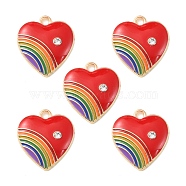 Alloy Enamel Pendant, with Rhinestone, Heart with Rainbow Charm, FireBrick, 20x18x3.5mm, Hole: 2mm(ENAM-YW0002-36B)