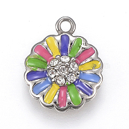 304 Stainless Steel Enamel Pendants, with Rhinestone, Flower, Stainless Steel Color, 14.5x12x2.5mm, Hole: 1.5mm(STAS-F169-73P)