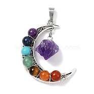 7 Chakra Gemstone Round Pendants, Alloy Moon Charms with Raw Natural Amethyst, Antique Silver, 41.5x34.5x12mm, Hole: 7.5x3.5mm(PALLOY-JF02402-01)