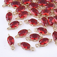 Transparent Glass Links connectors, with Brass Findings, Faceted, Oval, Light Gold, Red, 11x4x4mm, Hole: 1mm(GLAA-T007-10D)