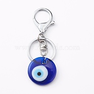 Handmade Lampwork Evil Eye Keychain, with Alloy Split Key Rings, Flat Round, Blue, Platinum, 8.7cm(KEYC-JKC00237-01)