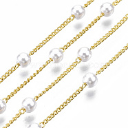 Handmade Brass Chains, with Round ABS Plastic Imitation Pearl Beads, Soldered, with Spool, Creamy White, Golden, 2x1.2x0.4mm(CHC-CJ0001-25)