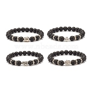 Round Natural Lava Rock with Alloy Beads Stretch Bracelet, Oil Diffuser Power Stone Jewelry for Women, Mixed Shape, Inner Diameter: 2-1/4 inch(5.8cm)(BJEW-JB07459)