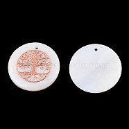 Freshwater Shell Pendants, Covered with Iron Findings, Flat Round with Tree of Life, Rose Gold, 30~31x2~3mm, Hole: 1.8mm(SHEL-Q016-017RG)