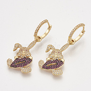Brass Cubic Zirconia Dangle Bunny Hoop Earrings, Rabbit with Lip, Clear & Pink, Golden, 42mm, Pin: 1mm(EJEW-S201-134)