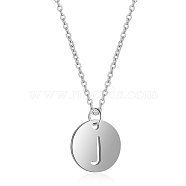 201 Stainless Steel Initial Pendants Necklaces, with Cable Chains, Flat Round with Letter, Stainless Steel Color, Letter.J, 16.3 inch(40cm), 1mm(NJEW-S069-TN507-J)