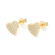 Clear Cubic Zirconia Heart Stud Earrings, Brass Jewelry for Women, Cadmium Free & Nickel Free & Lead Free, Real 18K Gold Plated, 7.5x8.5mm, Pin: 0.6mm(EJEW-P196-10G)