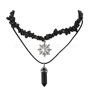 2Pcs 2 Style Natural Obsidian Bullet & Alloy Sun Pendant Necklaces Set, with Chips Beaded Chains, 12.80~17.72 inch(32.5~45cm), 1Pc/style(NJEW-JN04514-02)
