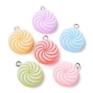 Translucent Resin Flat Round Pendants, Druzy Candy Charms with Platinum Plated Iron Loops, Mixed Color, 20x17x7mm, Hole: 2mm(X-RESI-A025-03)