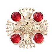 Flat Round with Cross Alloy Acrylic Brooch, Light Gold for Women, Red, 56.5x14x12.5mm(JEWB-C029-16B)