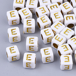 Plating Acrylic Beads, Horizontal Hole, Golden Metal Enlaced, Alphabet Style, Cube, Letter.E, 5.5~6x5.5~6x5.5~6mm, Hole: 3.5mm, about 3000pcs/500g(SACR-S297-09E)